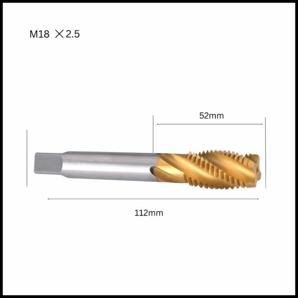 M18x2.5 HSS Tin-coated spiral tap.